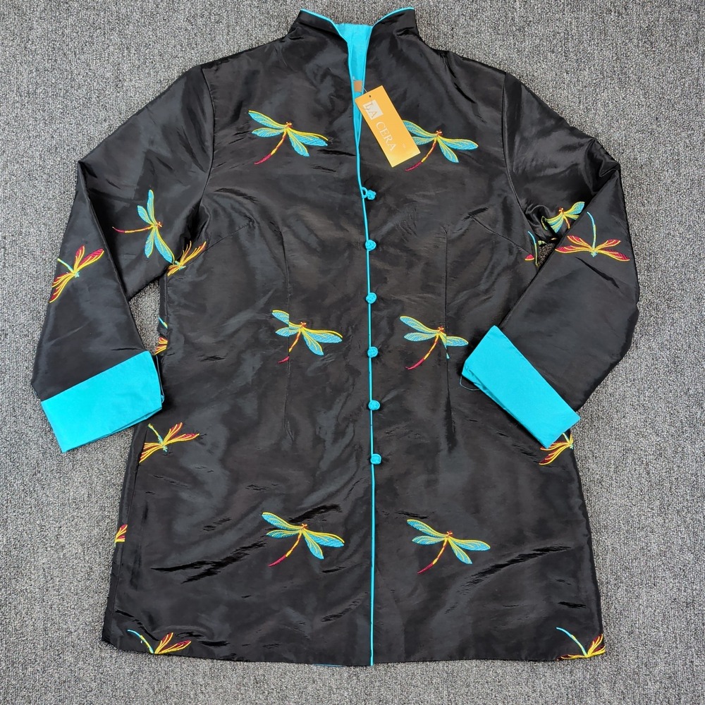 La‎ Cera Y2K Chinoiserie Dragonfly Jacket Large Black Turquoise Frog Button NWT